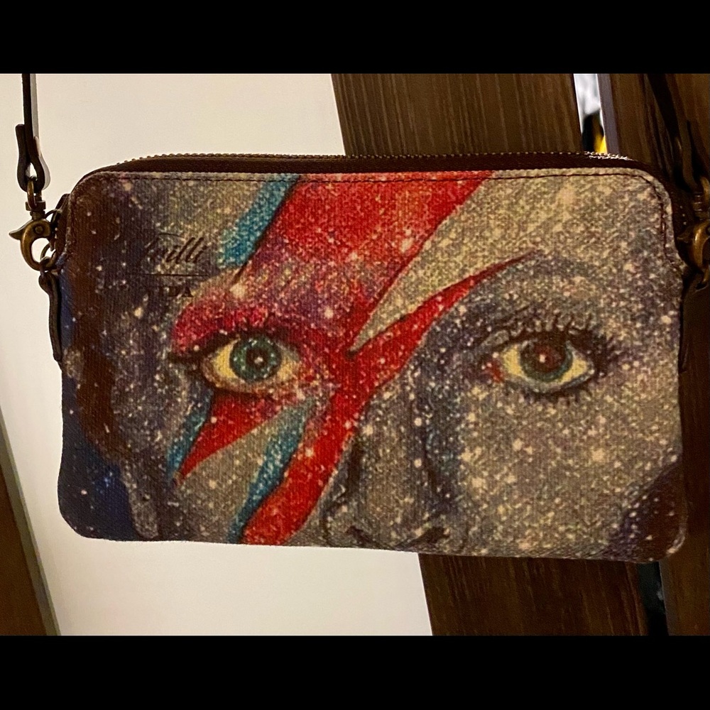David Bowie Canvas Ziggy Print Leather Crossbody Purse